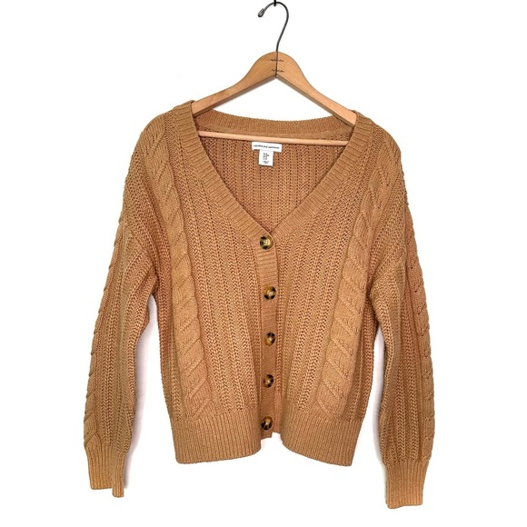 Cupcakes and Cashmere Tan V-neck Cable Knit Button Down Cardigan Sweater Size M - Picture 1 of 6